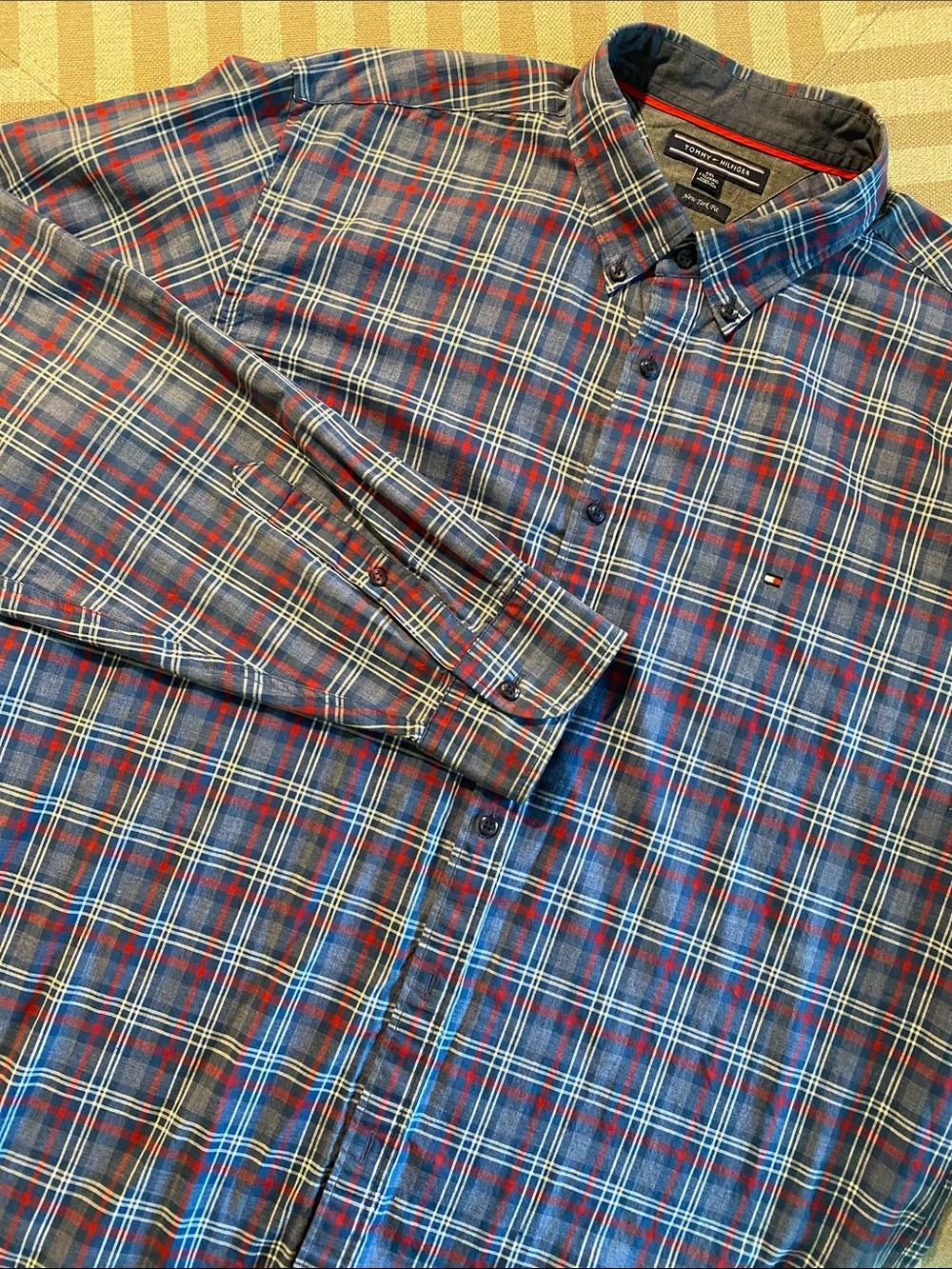 Tommy Hilfiger Red, Blue and White Plaid Shirt, 100% Cotton, Mens Size L